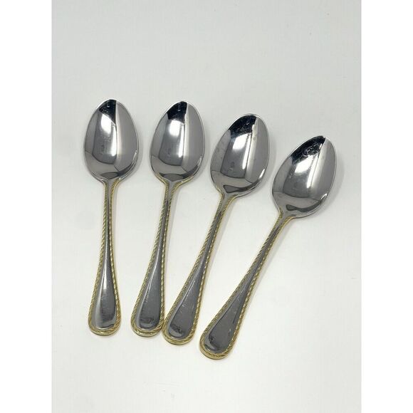 Oneida GOLDEN BELMONT Stainless Rope Edge Gold Accent Teaspoons 6” Set Of 4 - Picture 1 of 7